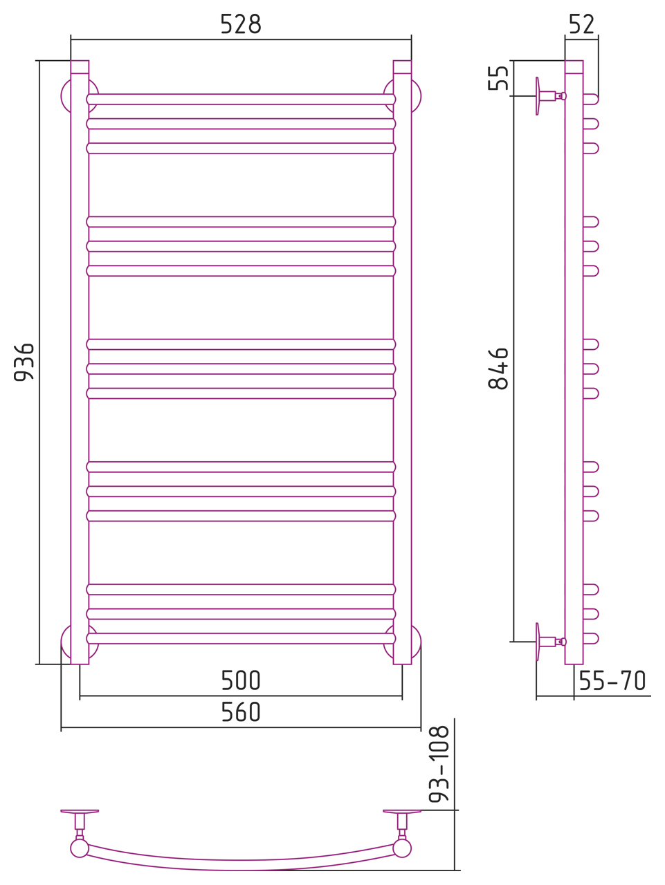 Полотенцесушитель водяной Стилье Универсал-58 1000x500